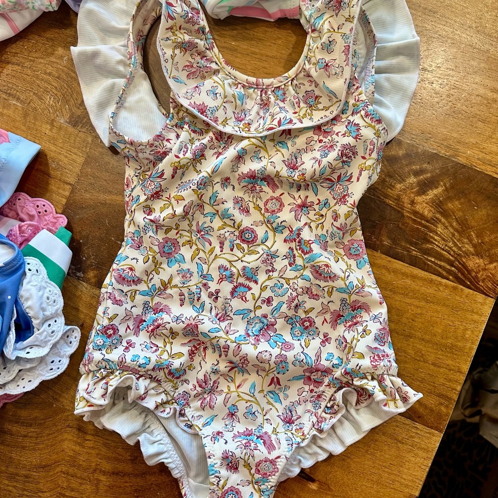 Louise Misha 5T Ruffle One-Piece Swimsuit- Cream Base w/Pink & Blue Flowers